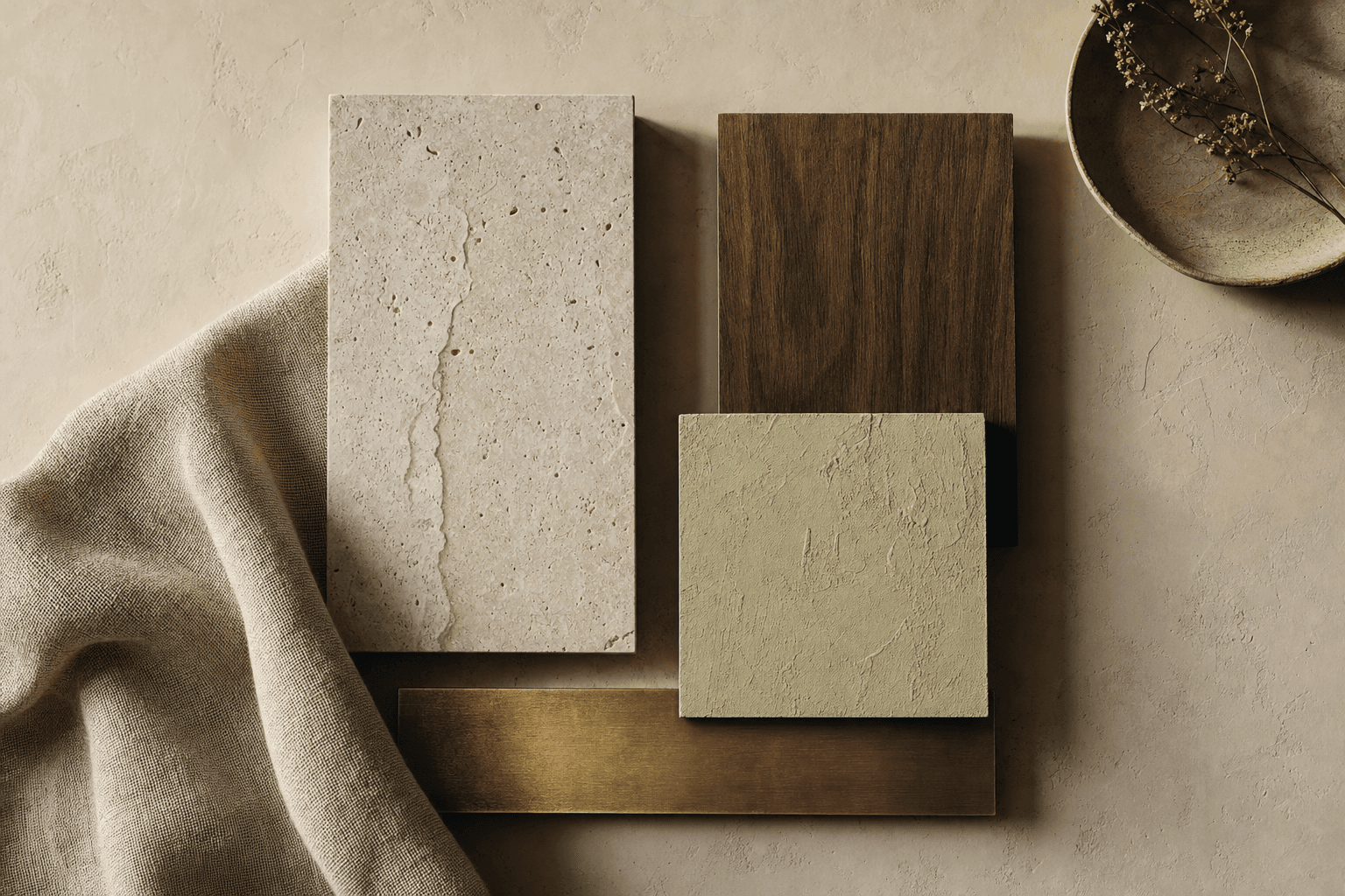 Materials palette — plaster, walnut and brass